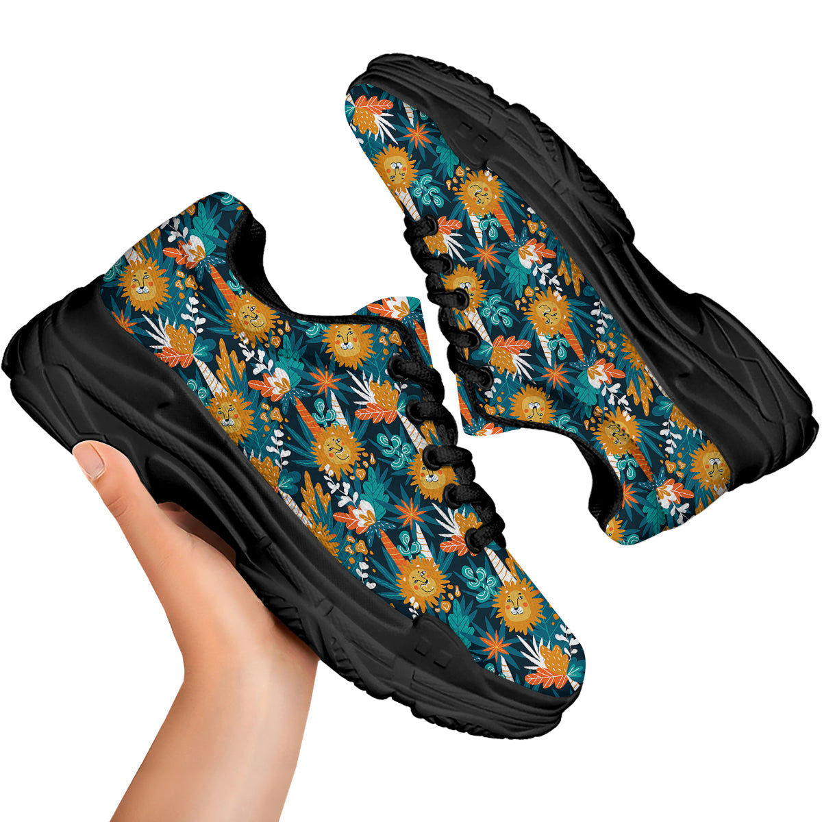Cartoon Lion And Forest Print Pattern Black Chunky Shoes-grizzshop