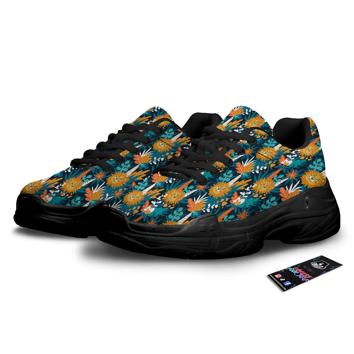 Cartoon Lion And Forest Print Pattern Black Chunky Shoes-grizzshop