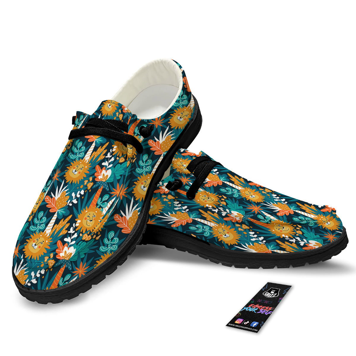 Cartoon Lion And Forest Print Pattern Black Loafers-grizzshop