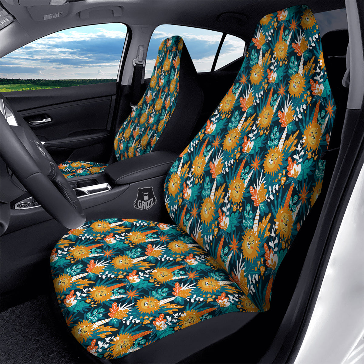 Cartoon Lion And Forest Print Pattern Car Seat Covers-grizzshop