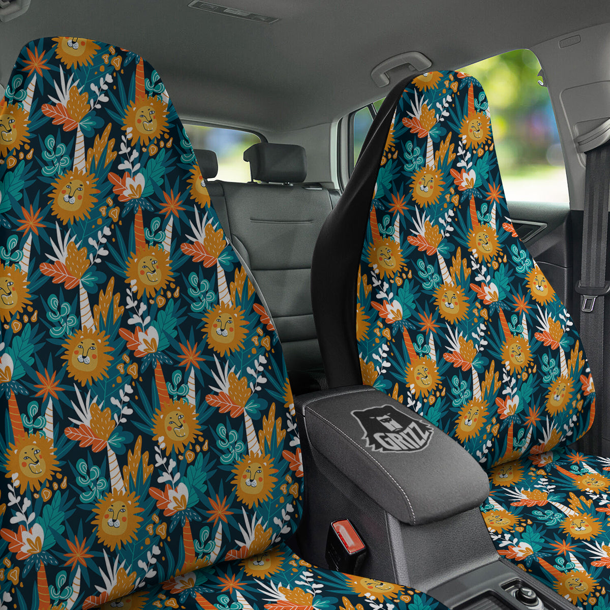 Cartoon Lion And Forest Print Pattern Car Seat Covers-grizzshop