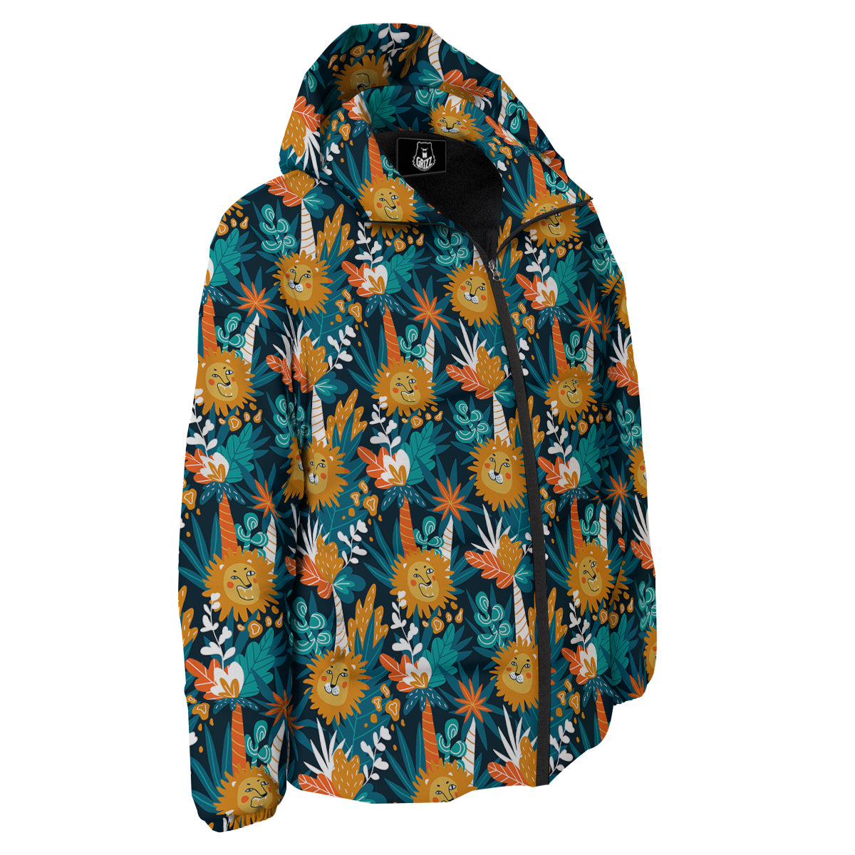 Cartoon Lion And Forest Print Pattern Down Jacket-grizzshop
