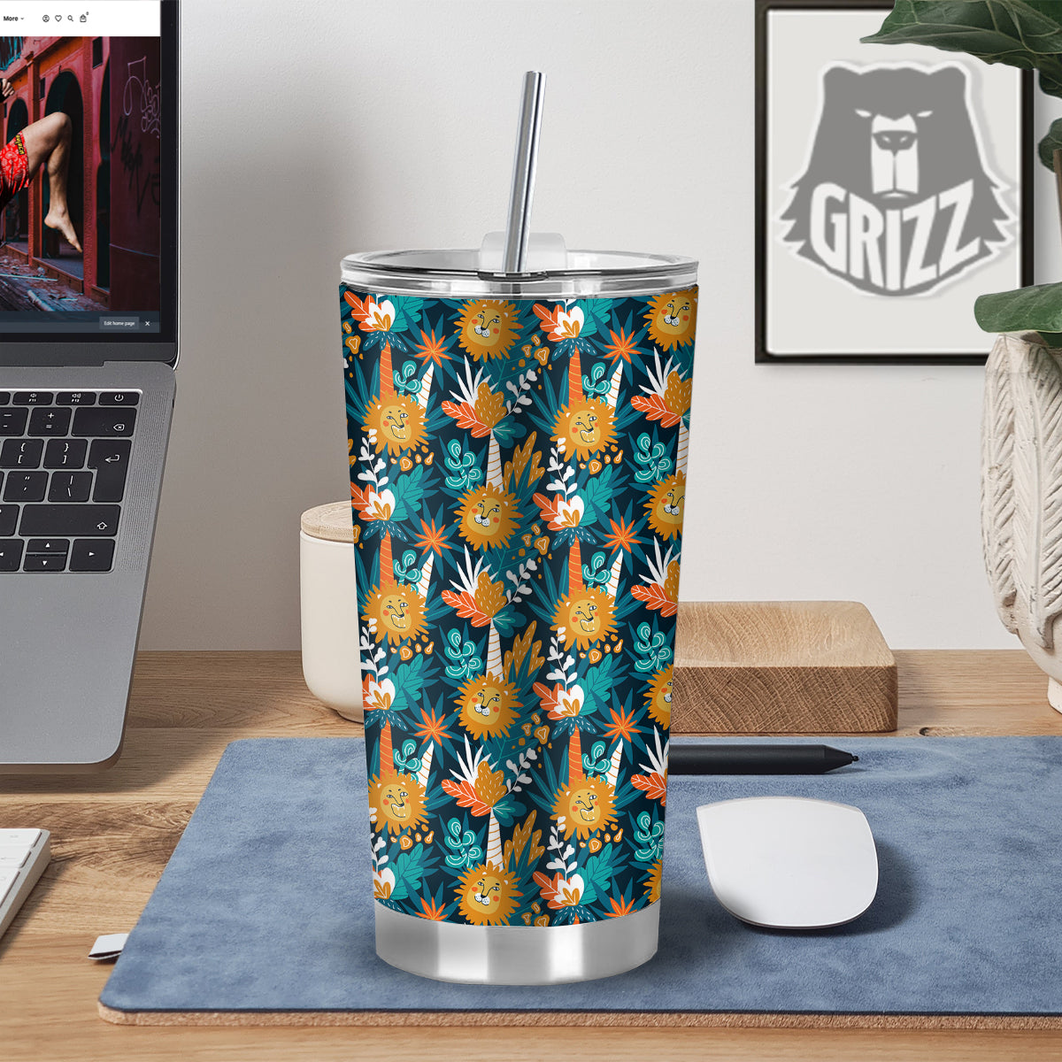 Cartoon Lion And Forest Print Pattern Tumbler-grizzshop