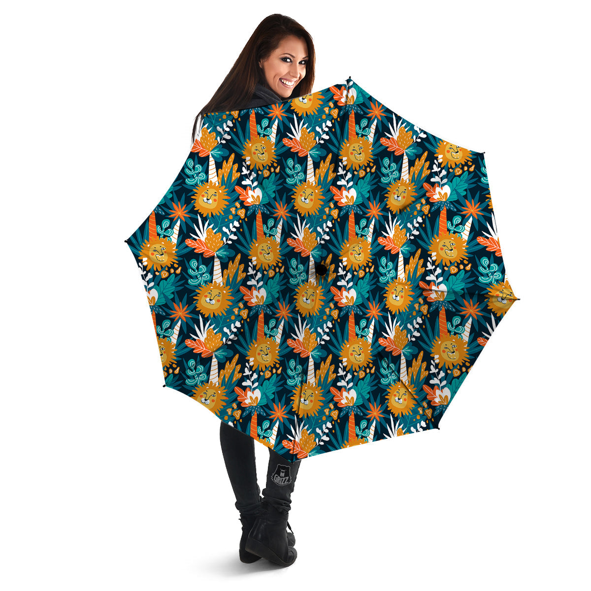 Cartoon Lion And Forest Print Pattern Umbrella-grizzshop