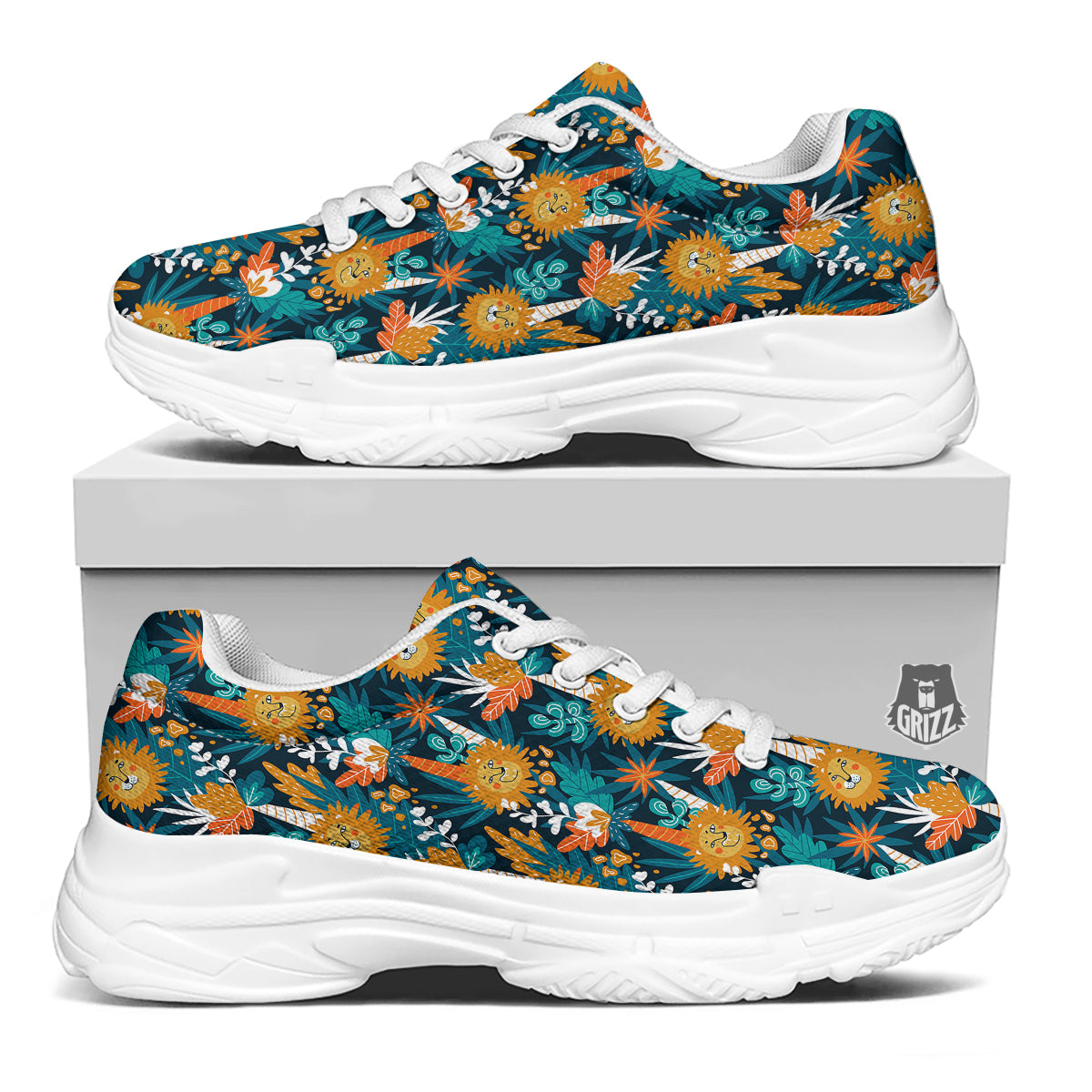 Cartoon Lion And Forest Print Pattern White Chunky Shoes-grizzshop