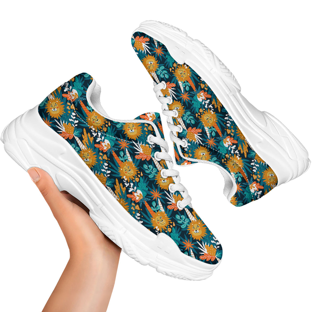 Cartoon Lion And Forest Print Pattern White Chunky Shoes-grizzshop