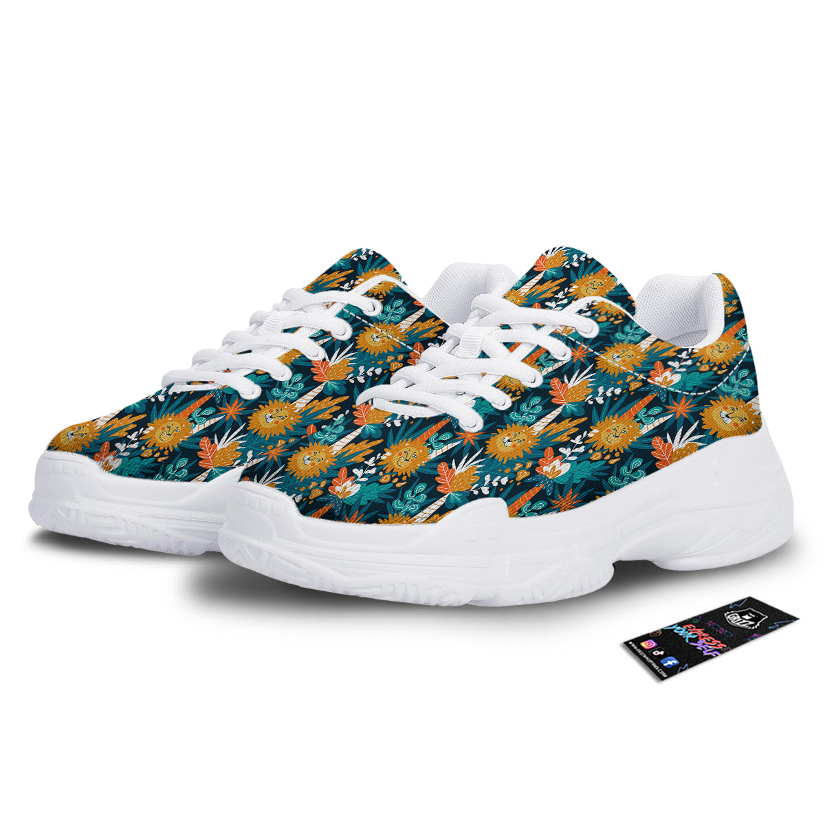 Cartoon Lion And Forest Print Pattern White Chunky Shoes-grizzshop