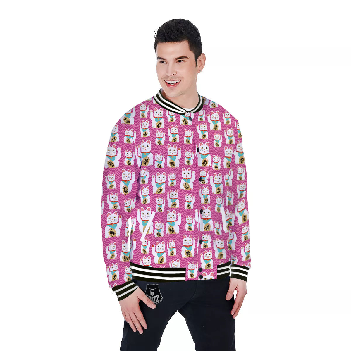 Cartoon Lucky Cat Japanese Print Pattern Baseball Jacket-grizzshop