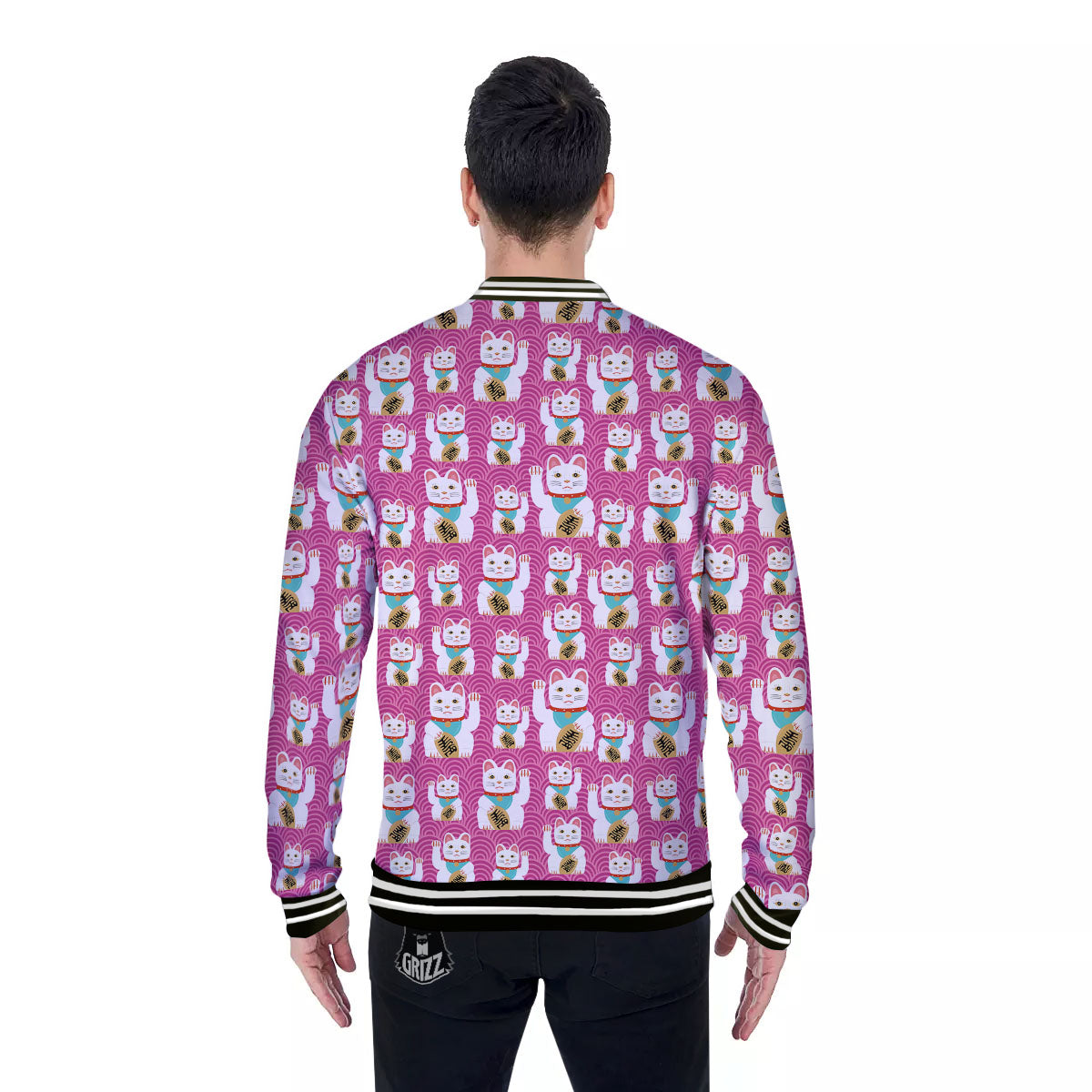 Cartoon Lucky Cat Japanese Print Pattern Baseball Jacket-grizzshop