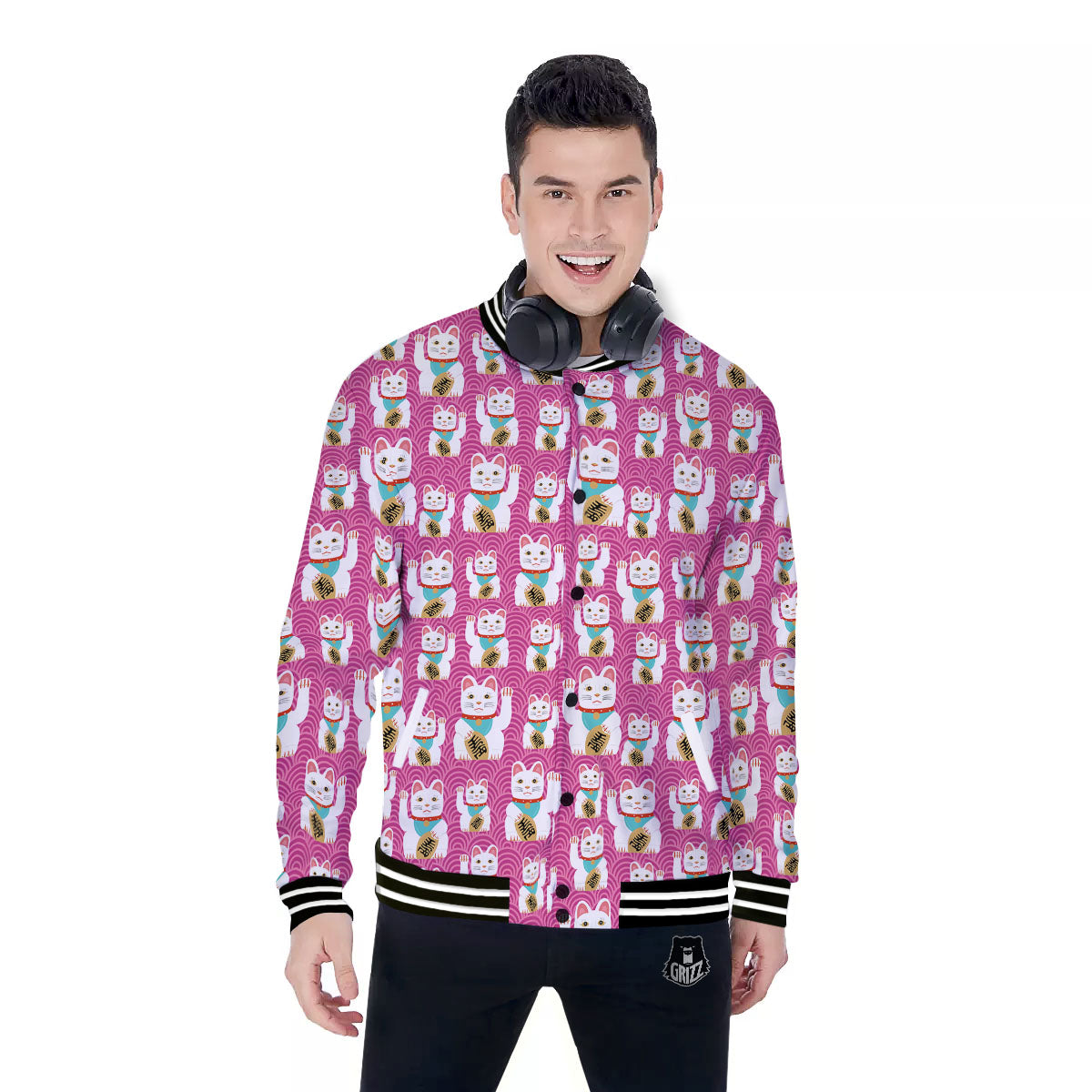 Cartoon Lucky Cat Japanese Print Pattern Baseball Jacket-grizzshop