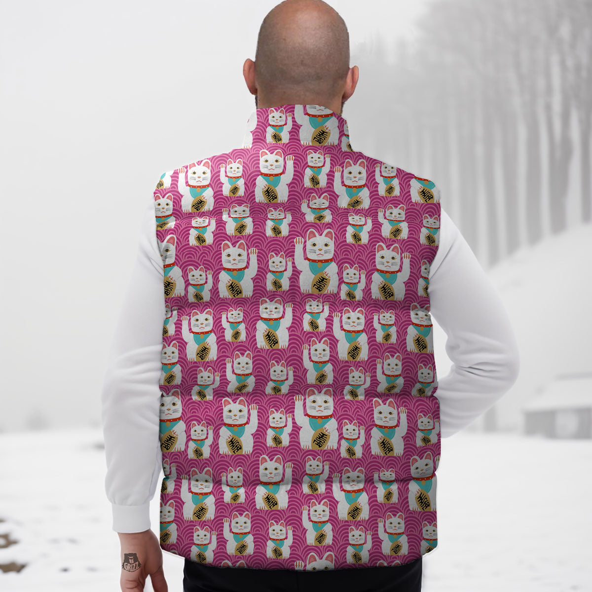 Cartoon Lucky Cat Japanese Print Pattern Down Vest