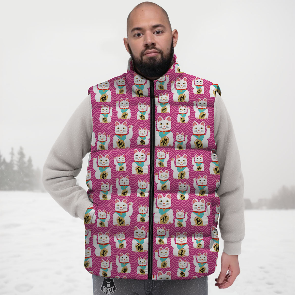Cartoon Lucky Cat Japanese Print Pattern Down Vest