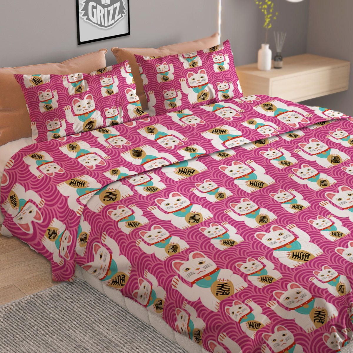 Cartoon Lucky Cat Japanese Print Pattern Duvet Cover Bedding Set