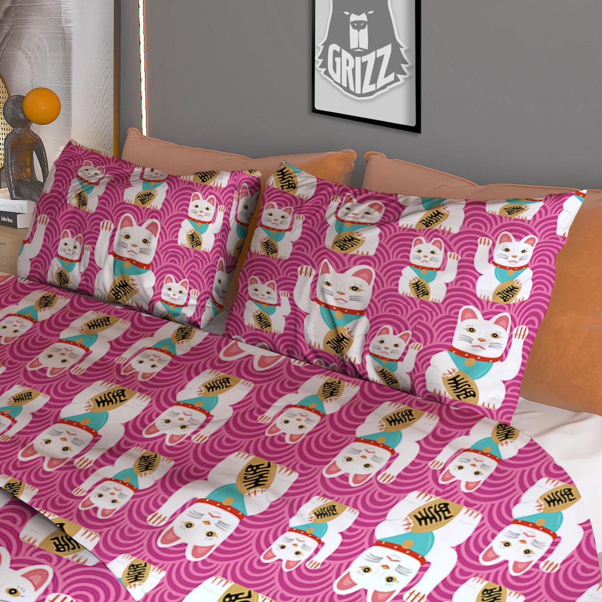 Cartoon Lucky Cat Japanese Print Pattern Duvet Cover Bedding Set