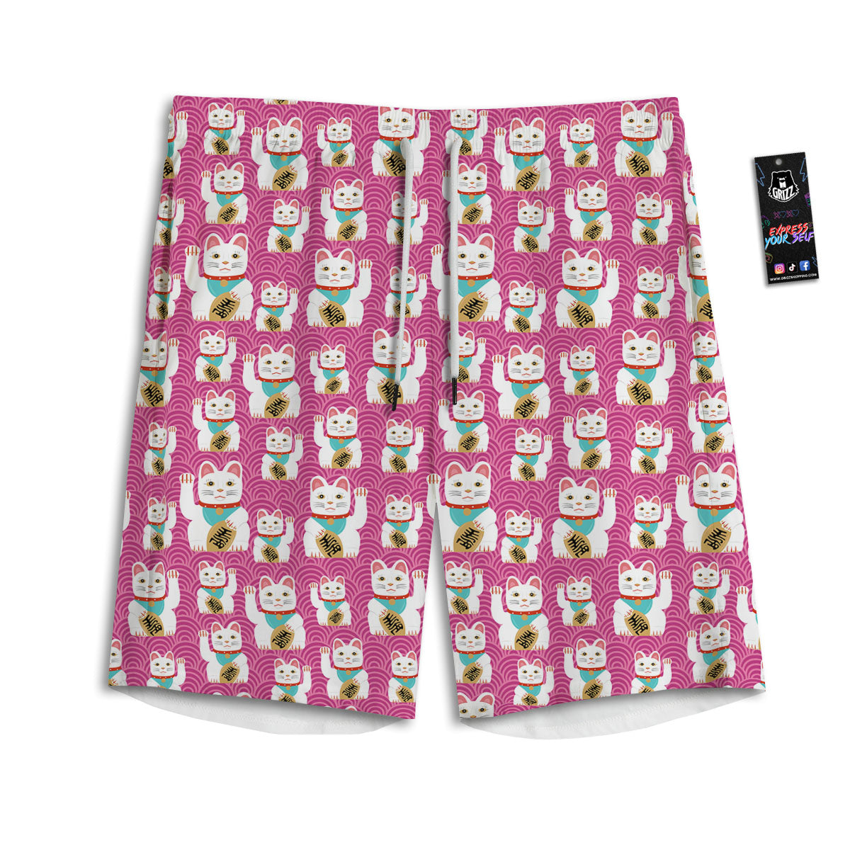 Cartoon Lucky Cat Japanese Print Pattern Men's Athletic Shorts