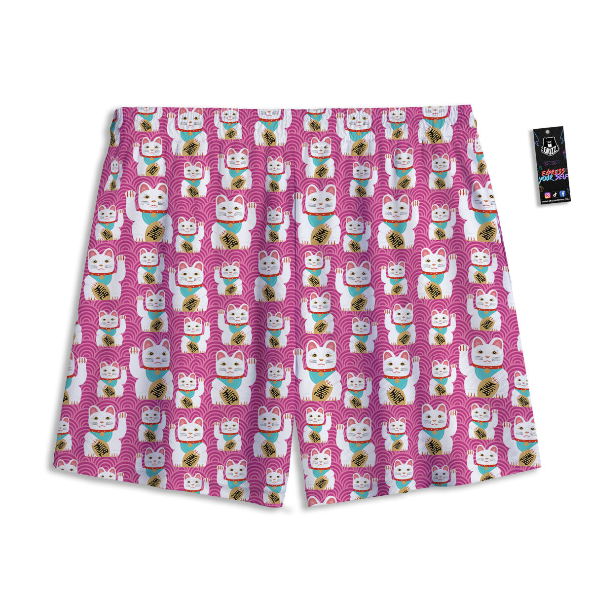 Cartoon Lucky Cat Japanese Print Pattern Mesh Shorts