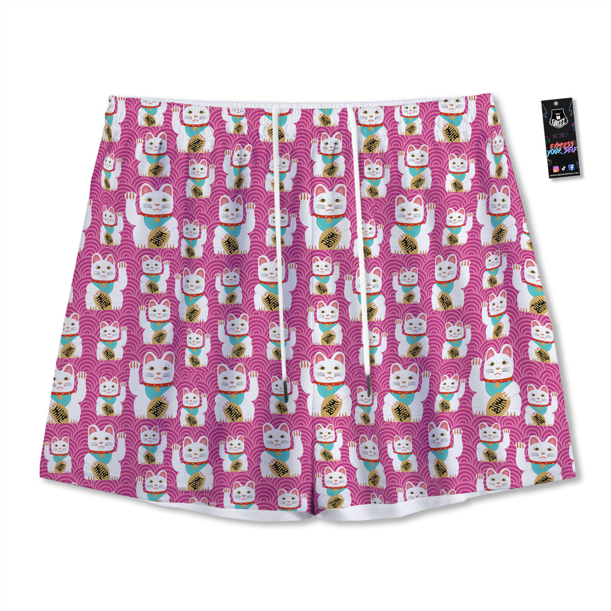 Cartoon Lucky Cat Japanese Print Pattern Mesh Shorts