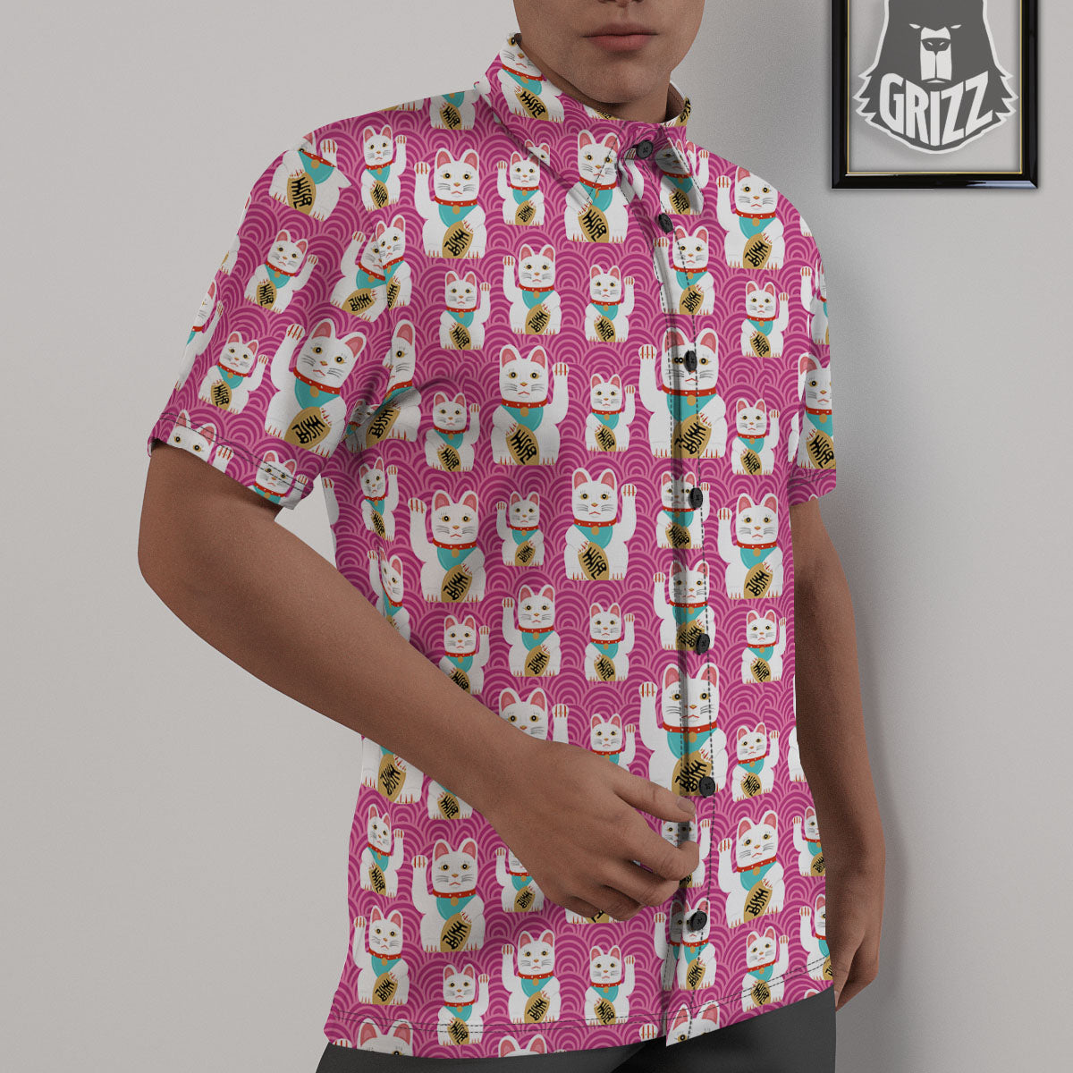 Cartoon Lucky Cat Japanese Print Pattern Untucked Shirts-grizzshop