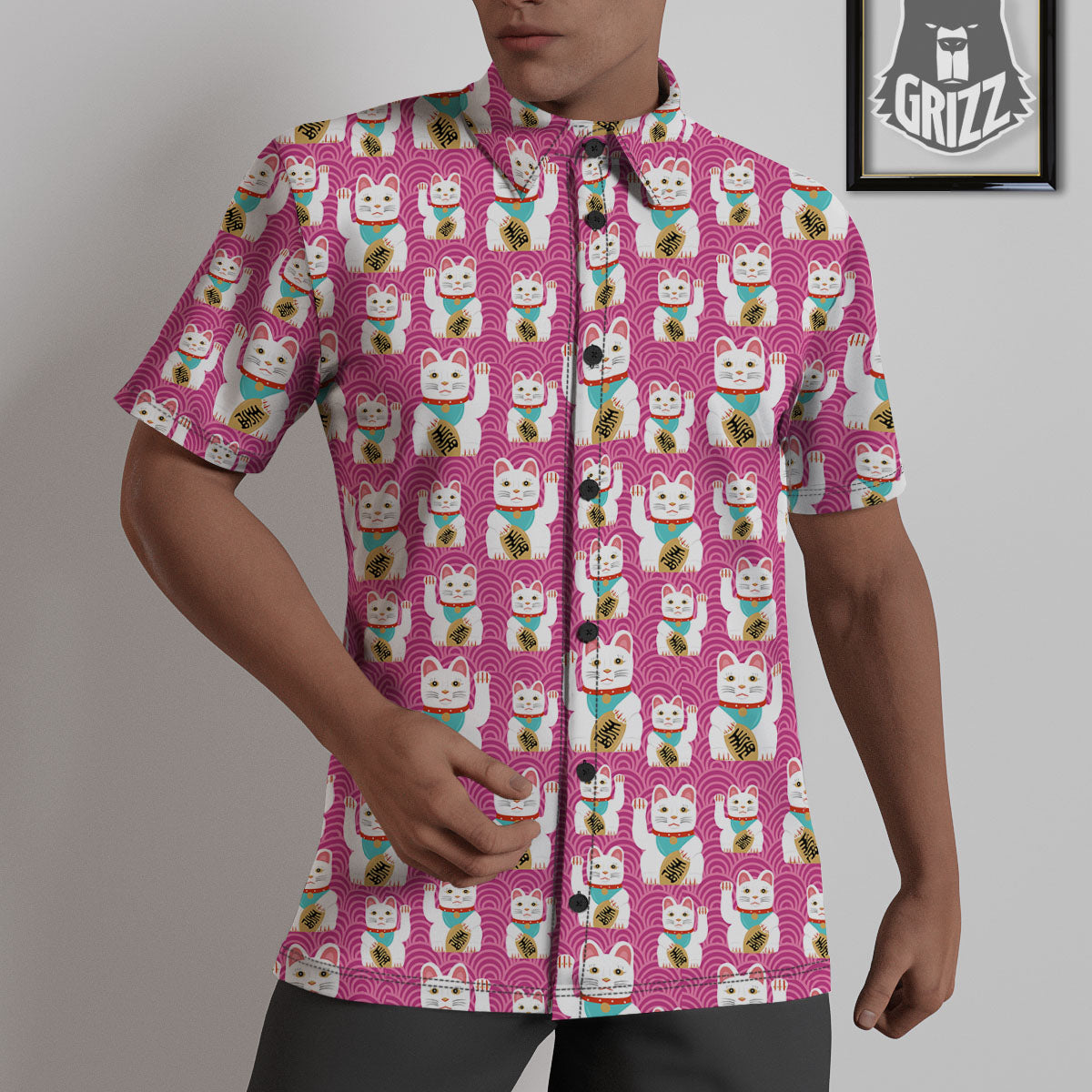 Cartoon Lucky Cat Japanese Print Pattern Untucked Shirts-grizzshop