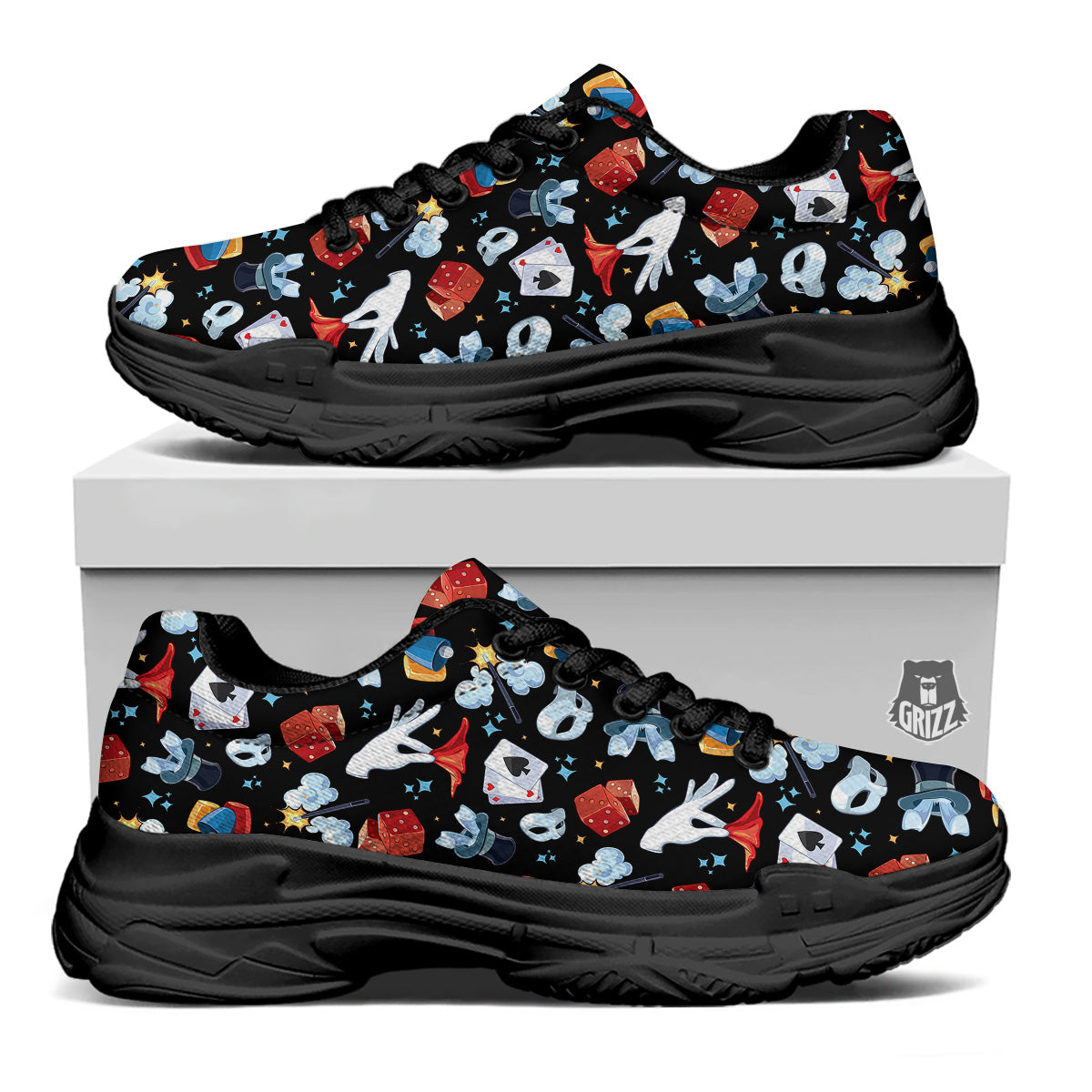 Cartoon Magic Show Print Pattern Black Chunky Shoes-grizzshop