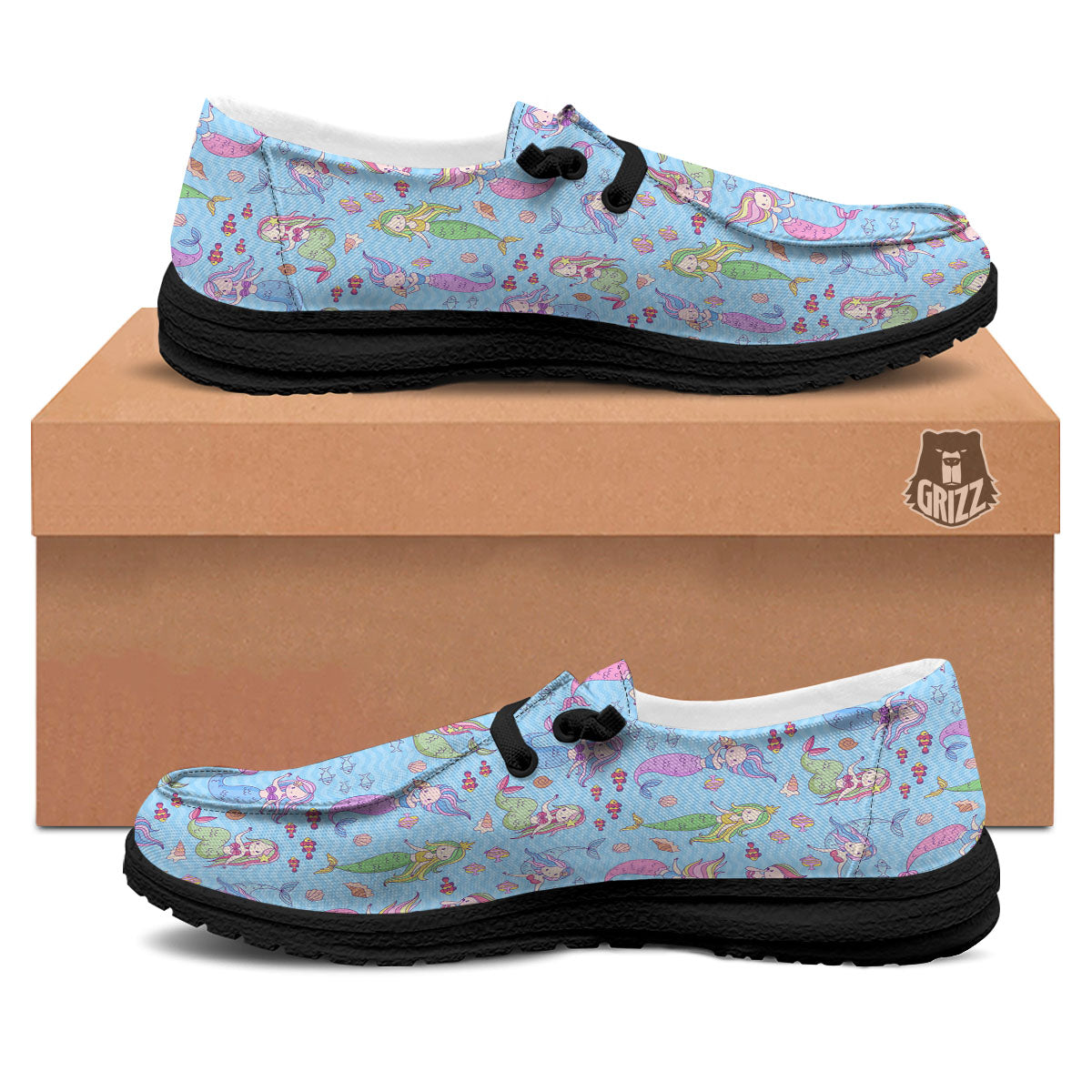 Cartoon Mermaid Print Pattern Black Loafers-grizzshop