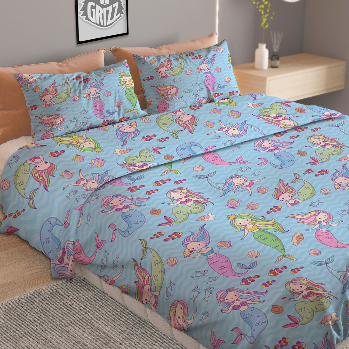 Cartoon Mermaid Print Pattern Duvet Cover Bedding Set