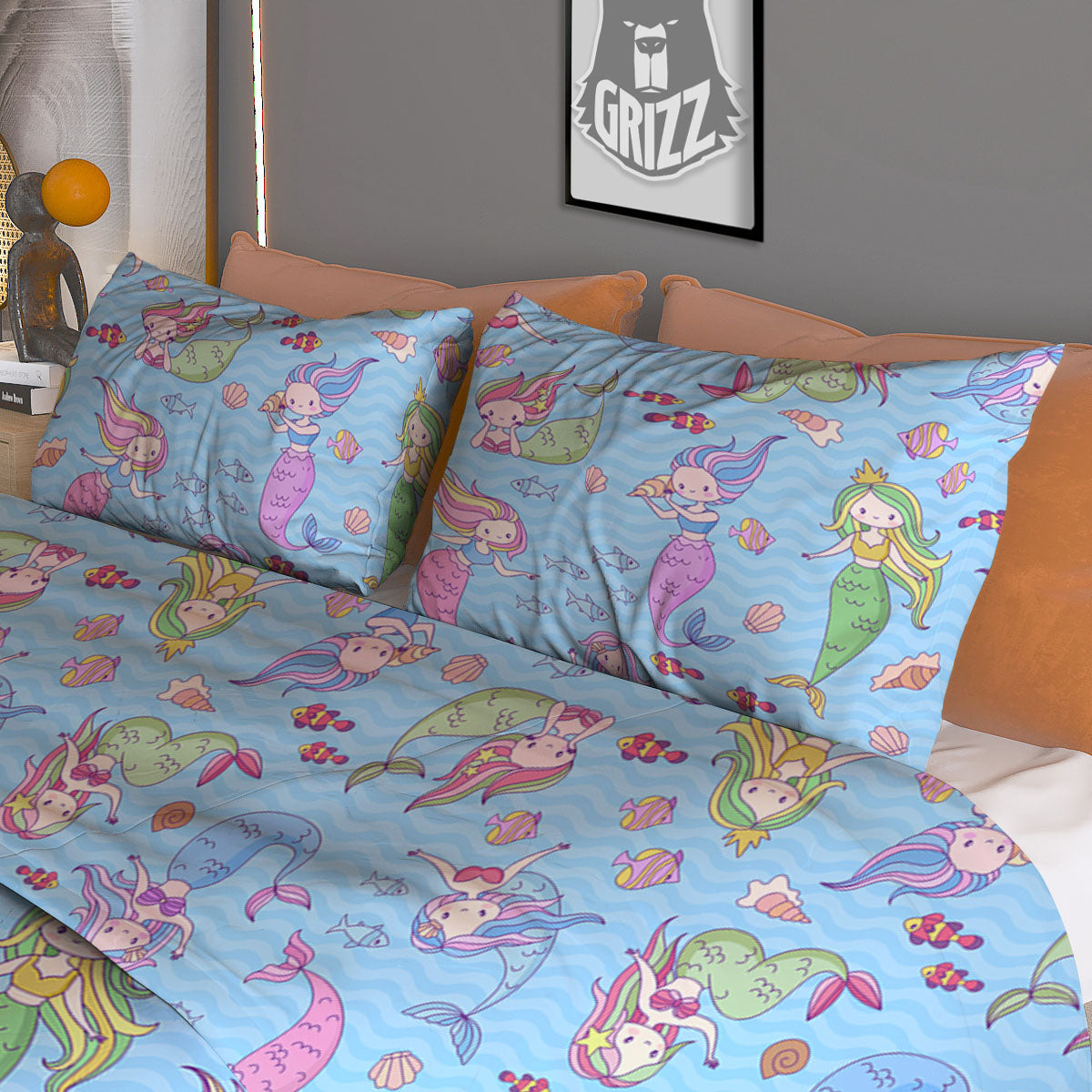 Cartoon Mermaid Print Pattern Duvet Cover Bedding Set