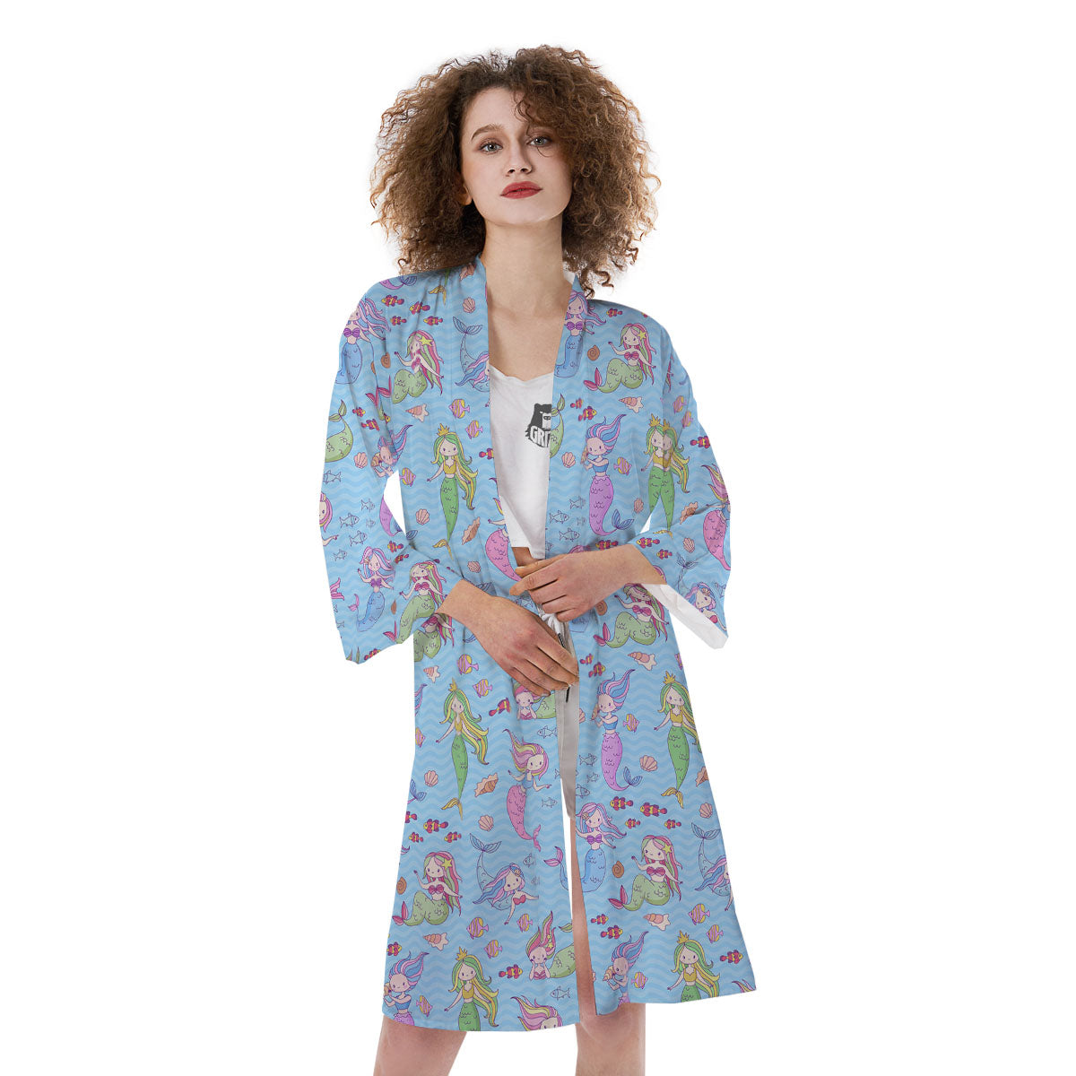 Cartoon Mermaid Print Pattern Kimono-grizzshop