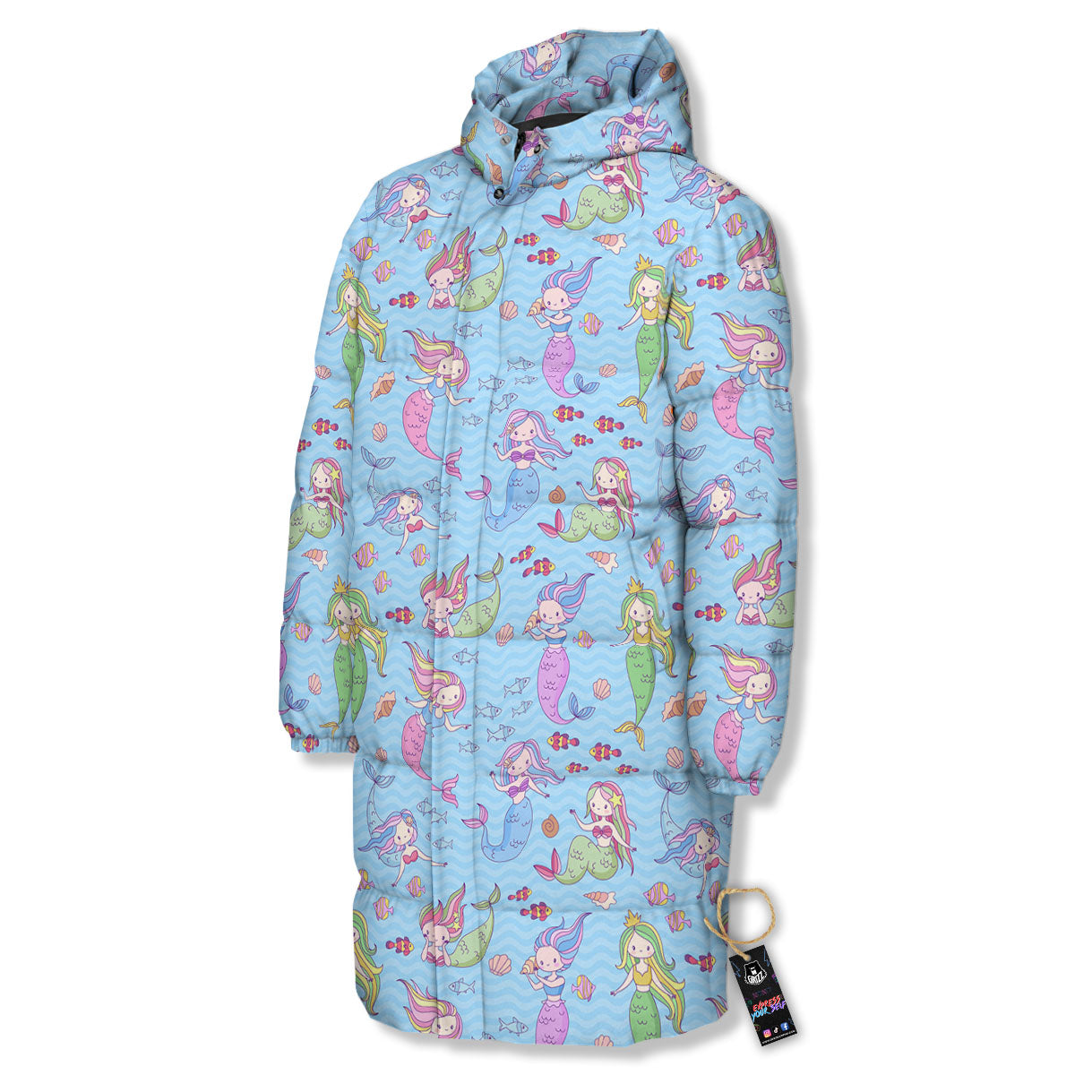 Cartoon Mermaid Print Pattern Long Down Jacket-grizzshop