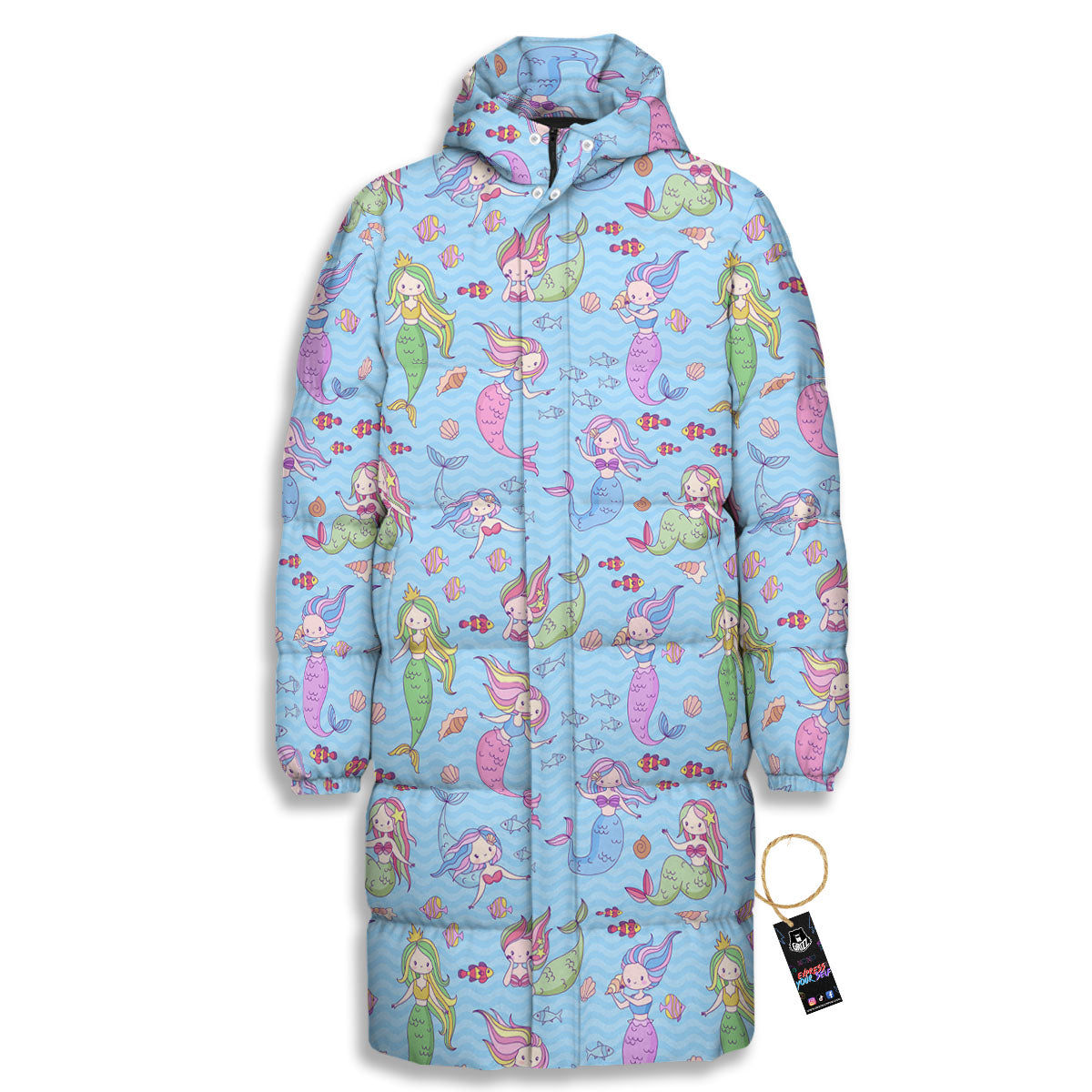 Cartoon Mermaid Print Pattern Long Down Jacket-grizzshop
