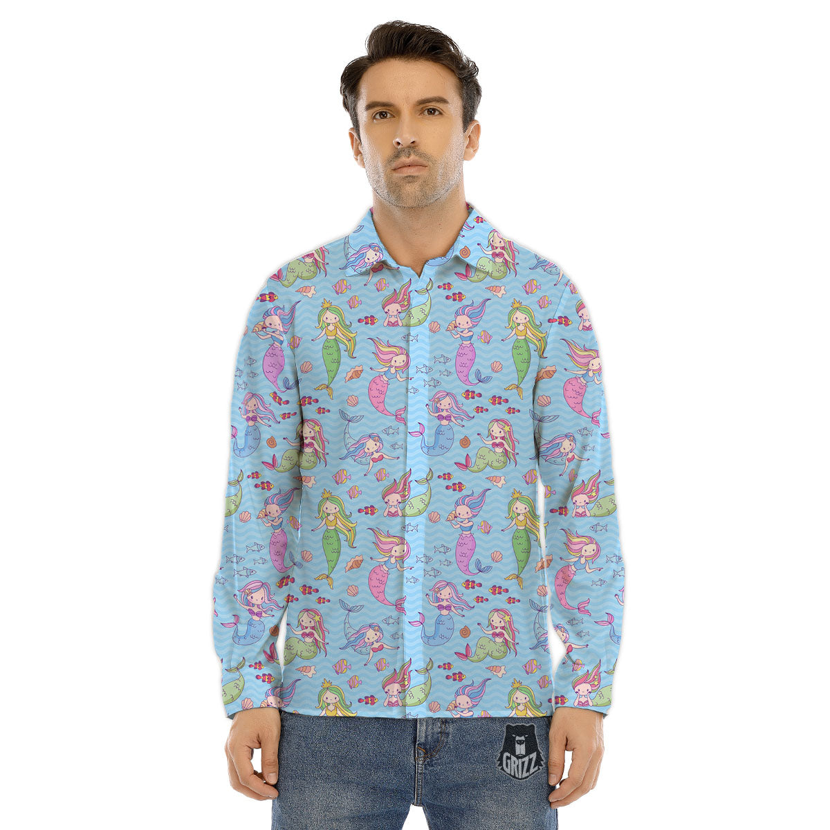 Cartoon Mermaid Print Pattern Men's Dress Shirts-grizzshop