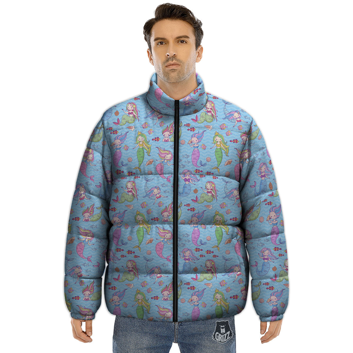 Cartoon Mermaid Print Pattern Puffer Jacket-grizzshop