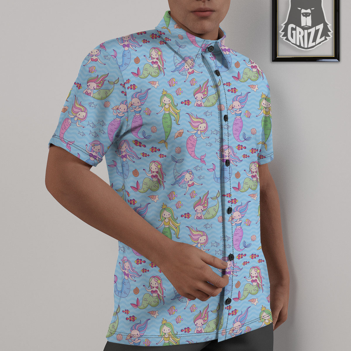 Cartoon Mermaid Print Pattern Untucked Shirts-grizzshop