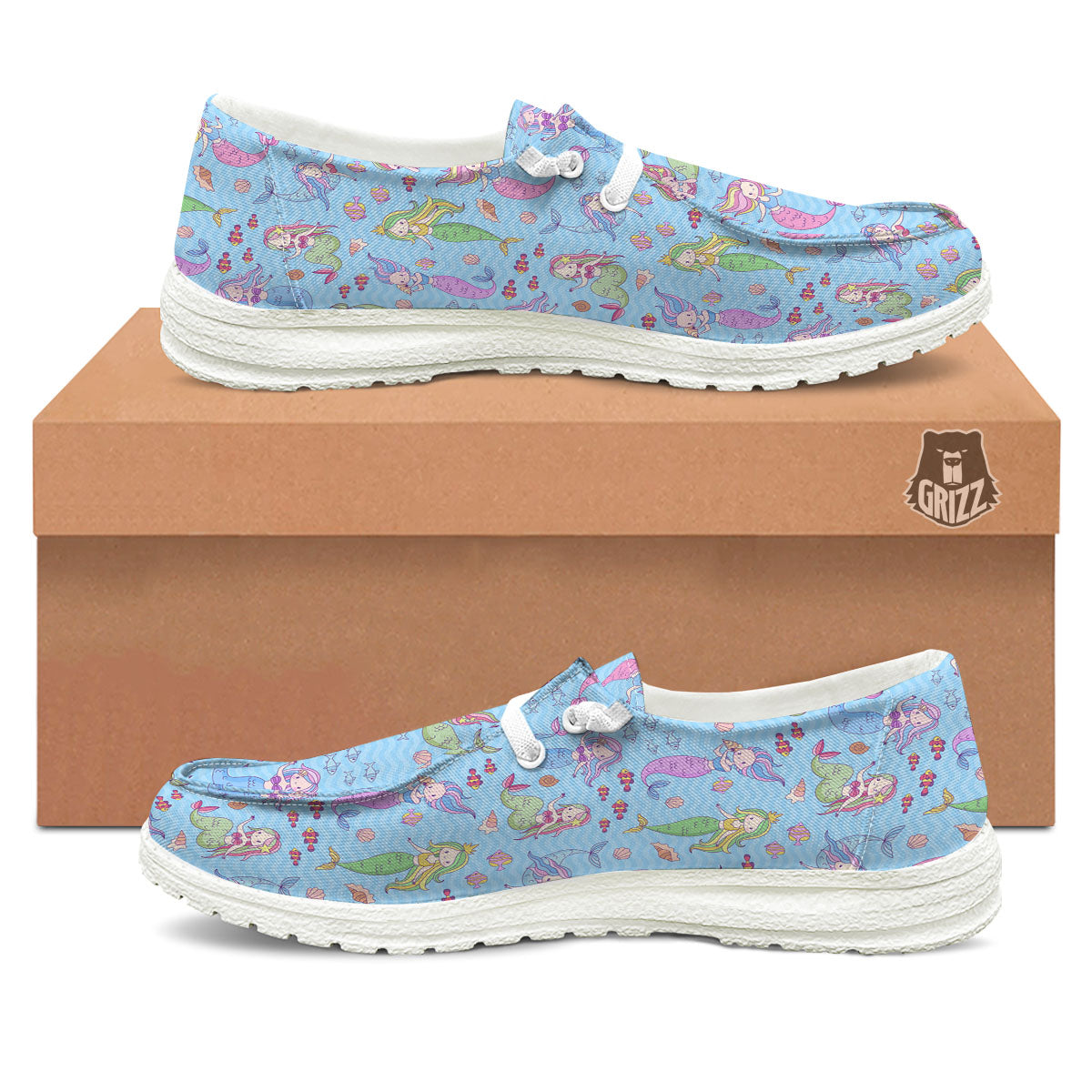 Cartoon Mermaid Print Pattern White Loafers-grizzshop