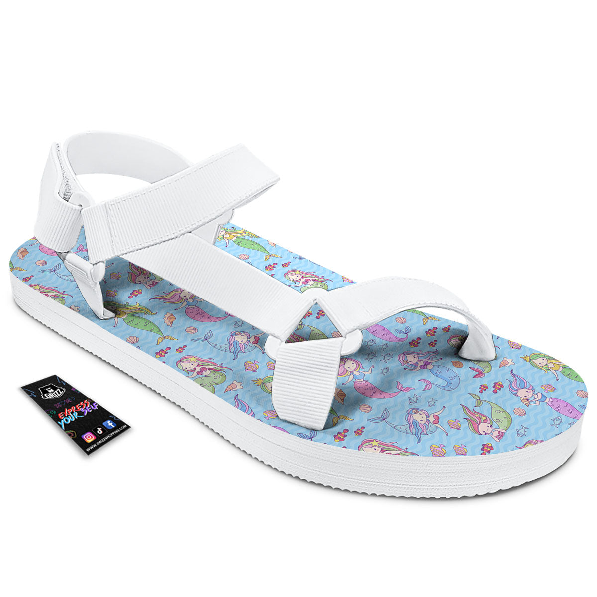 Cartoon Mermaid Print Pattern White Open Toe Sandals-grizzshop