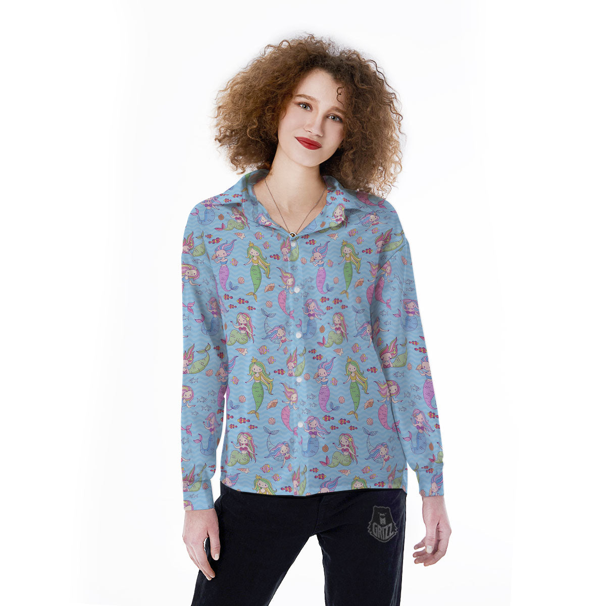 Cartoon Mermaid Print Pattern Women's Long Sleeve Shirts-grizzshop