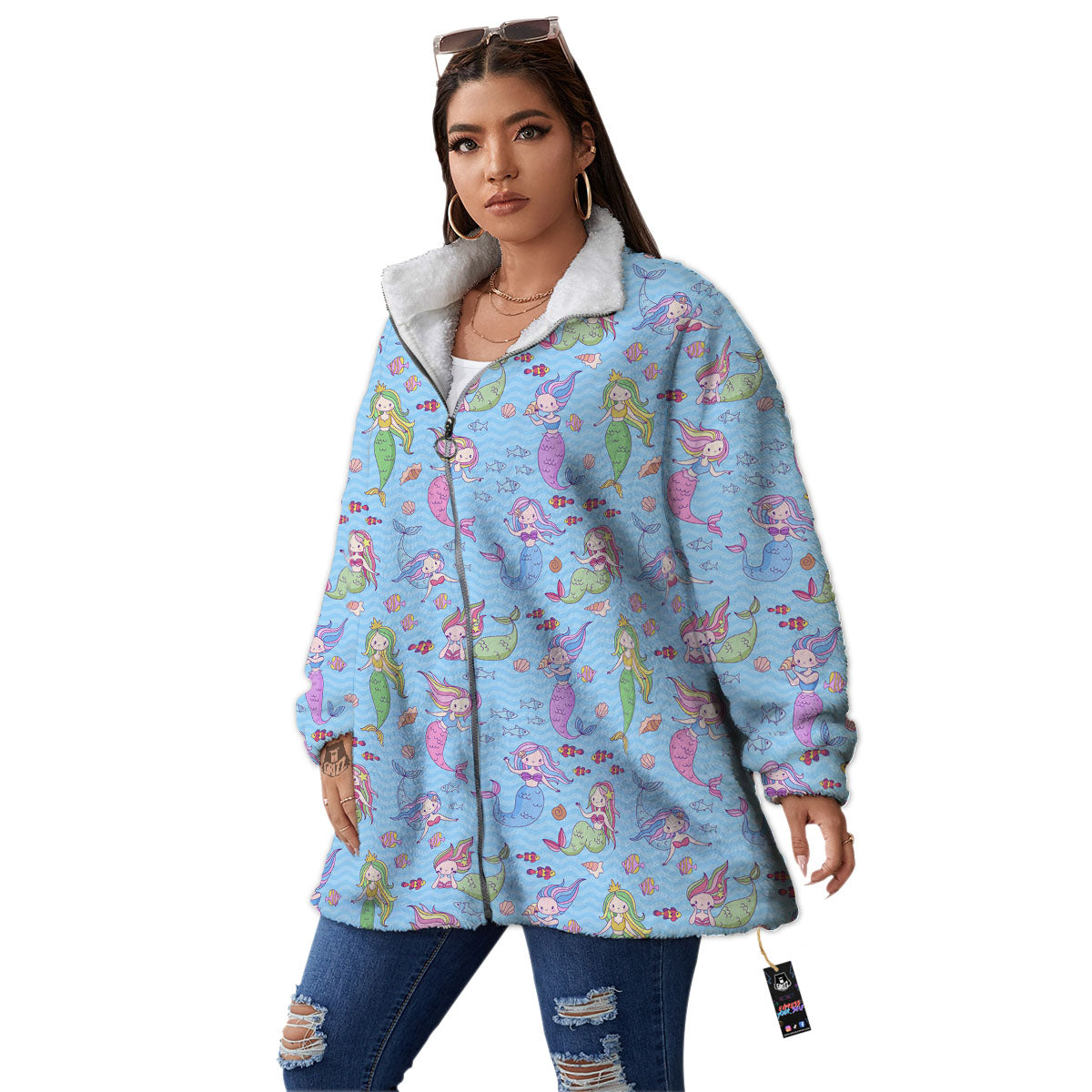 Cartoon Mermaid Print Pattern Women's Sherpa Jacket-grizzshop