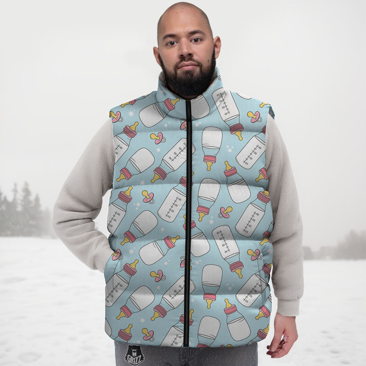 Cartoon Milk Bottle Print Pattern Down Vest-grizzshop
