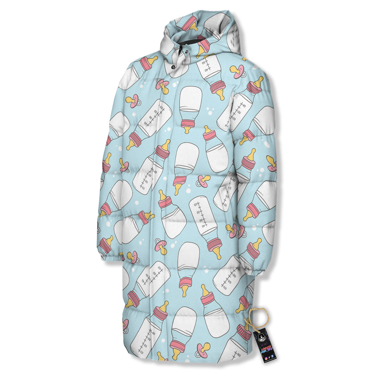 Cartoon Milk Bottle Print Pattern Long Down Jacket-grizzshop