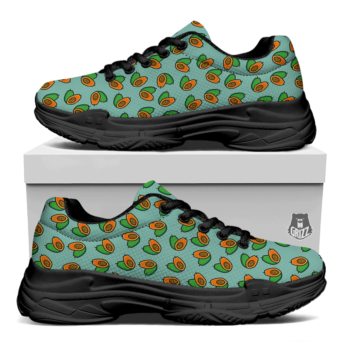 Cartoon Papaya Print Pattern Black Chunky Shoes-grizzshop