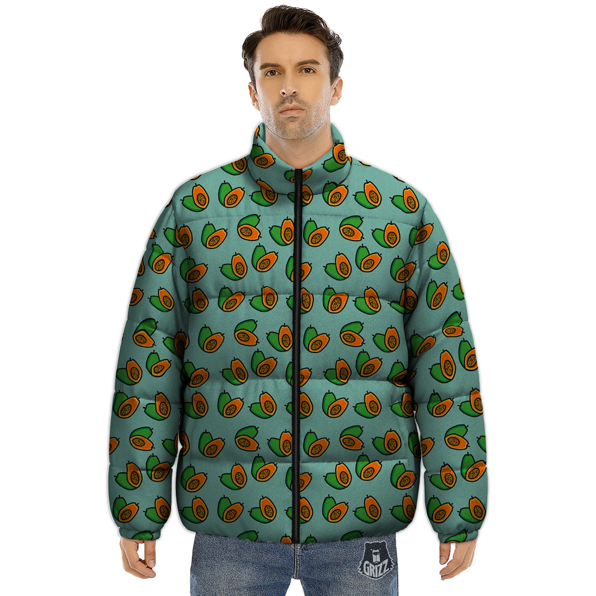 Cartoon Papaya Print Pattern Puffer Jacket-grizzshop
