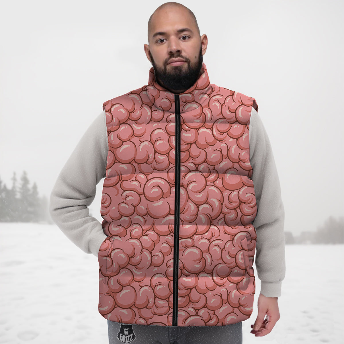 Cartoon Pink Brain Print Pattern Down Vest