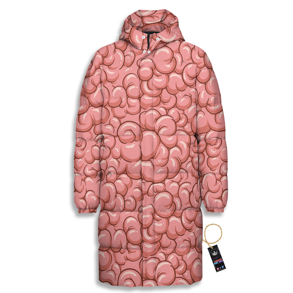 Cartoon Pink Brain Print Pattern Long Down Jacket-grizzshop