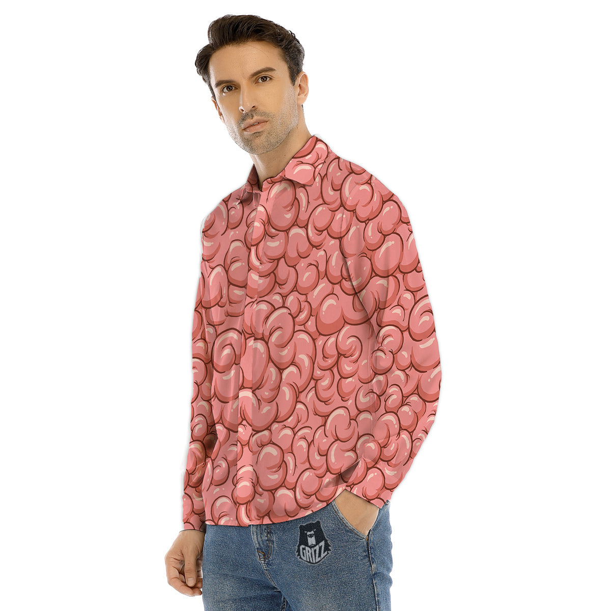 Cartoon Pink Brain Print Pattern Men's Dress Shirts-grizzshop