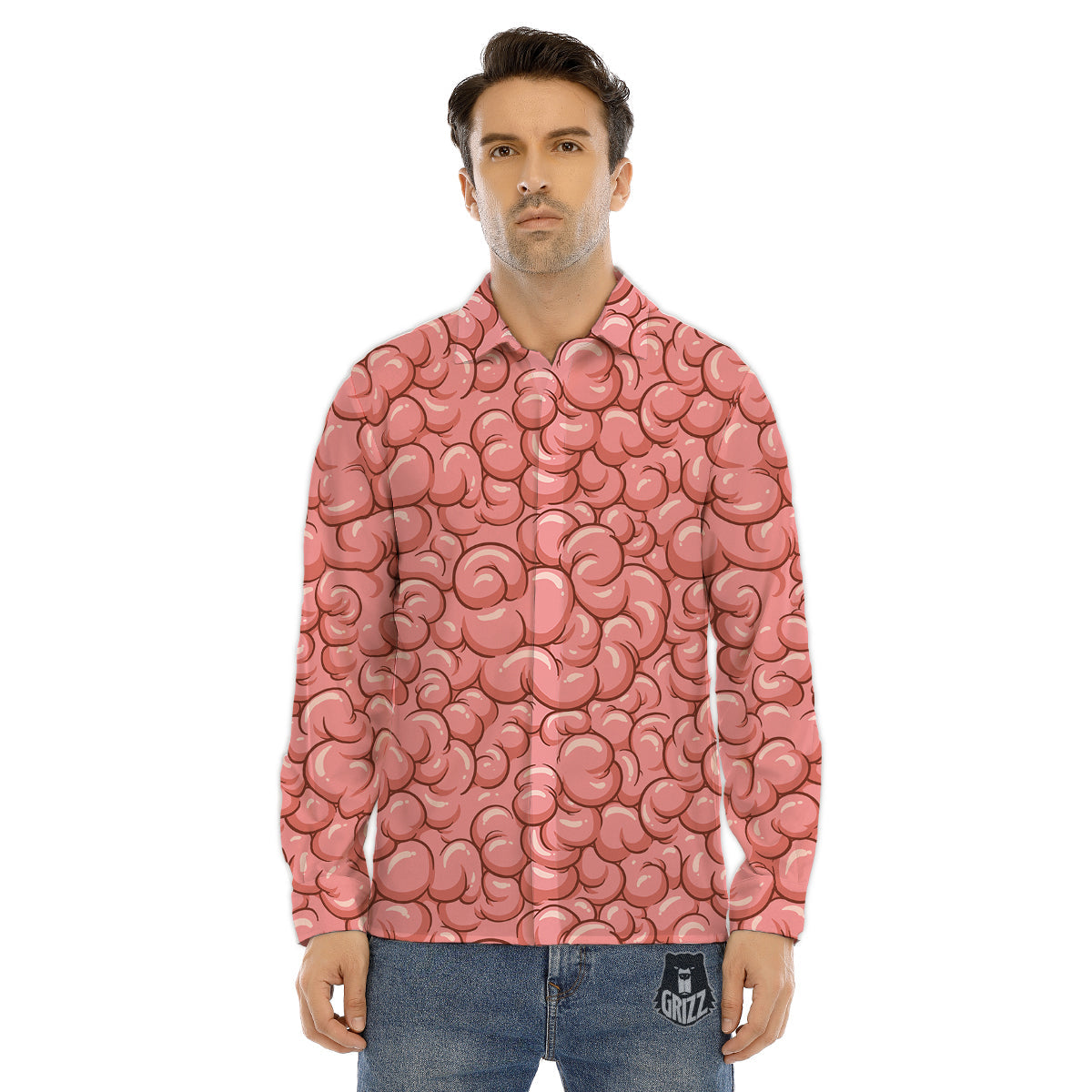 Cartoon Pink Brain Print Pattern Men's Dress Shirts-grizzshop