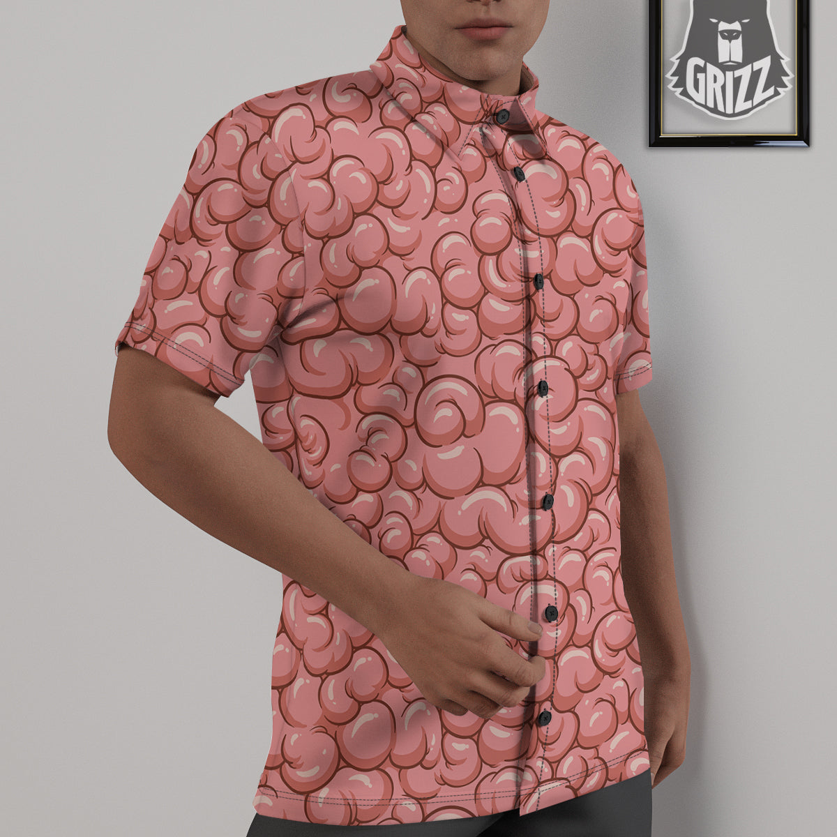 Cartoon Pink Brain Print Pattern Untucked Shirts-grizzshop