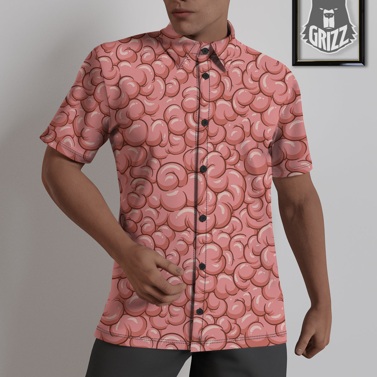 Cartoon Pink Brain Print Pattern Untucked Shirts-grizzshop