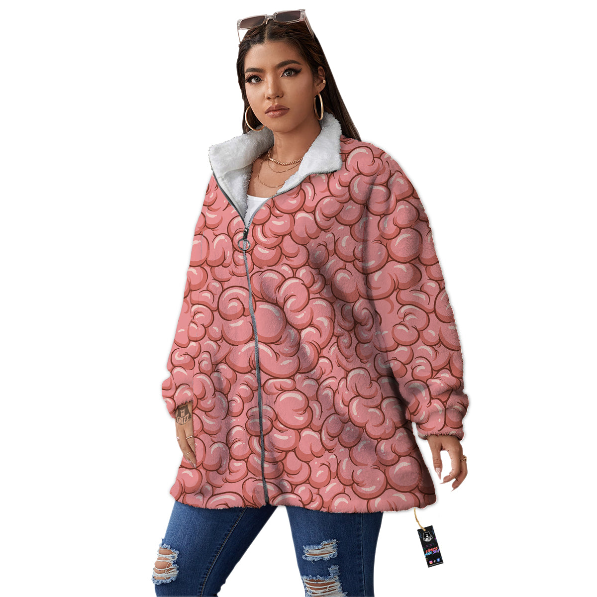 Cartoon Pink Brain Print Pattern Women's Sherpa Jacket-grizzshop