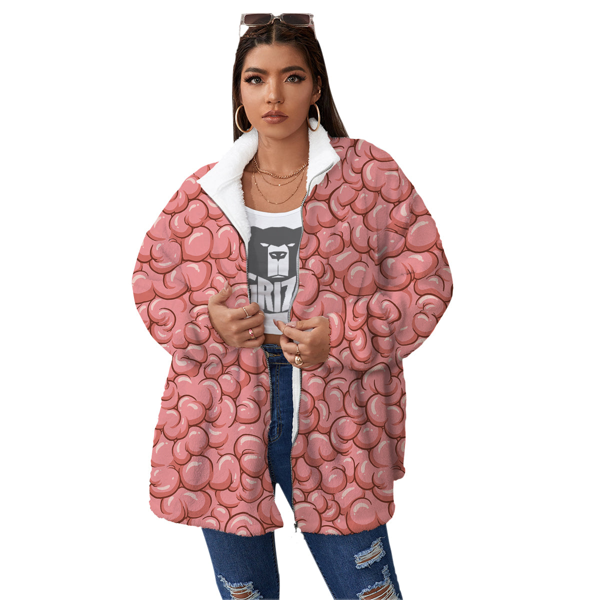 Cartoon Pink Brain Print Pattern Women's Sherpa Jacket-grizzshop