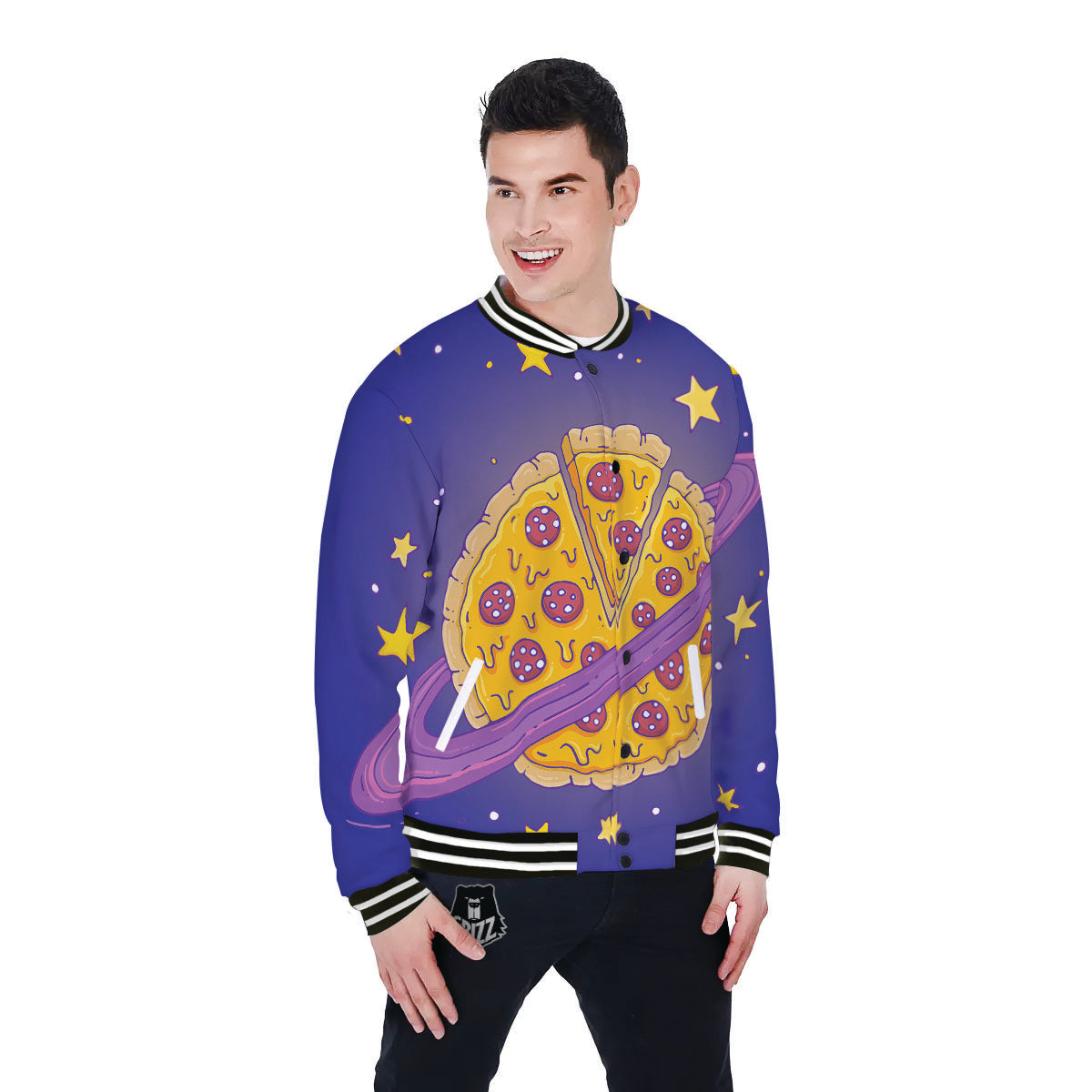 Cartoon Pizza Planet Print Baseball Jacket-grizzshop